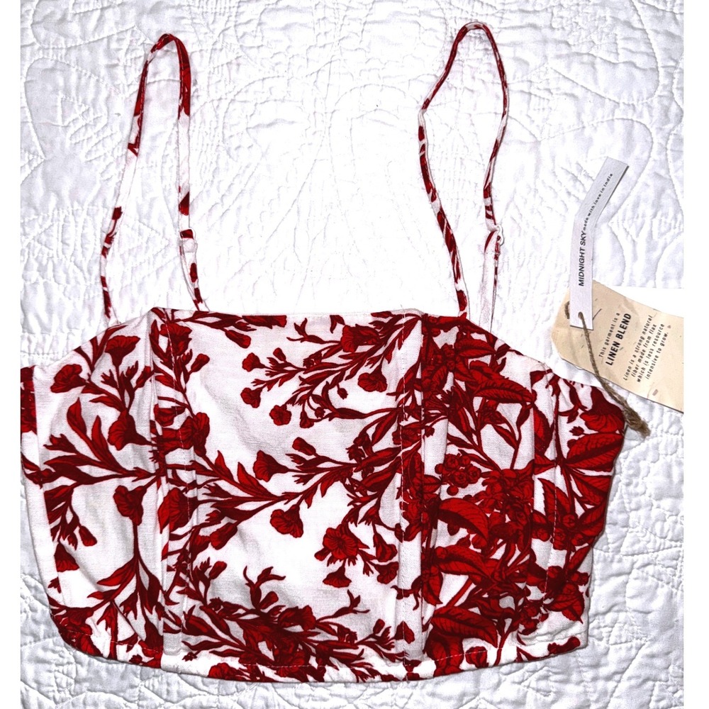 Midnight Sky Red White Floral Linen Blend Smocked Corset Crop Top Womens S NEW